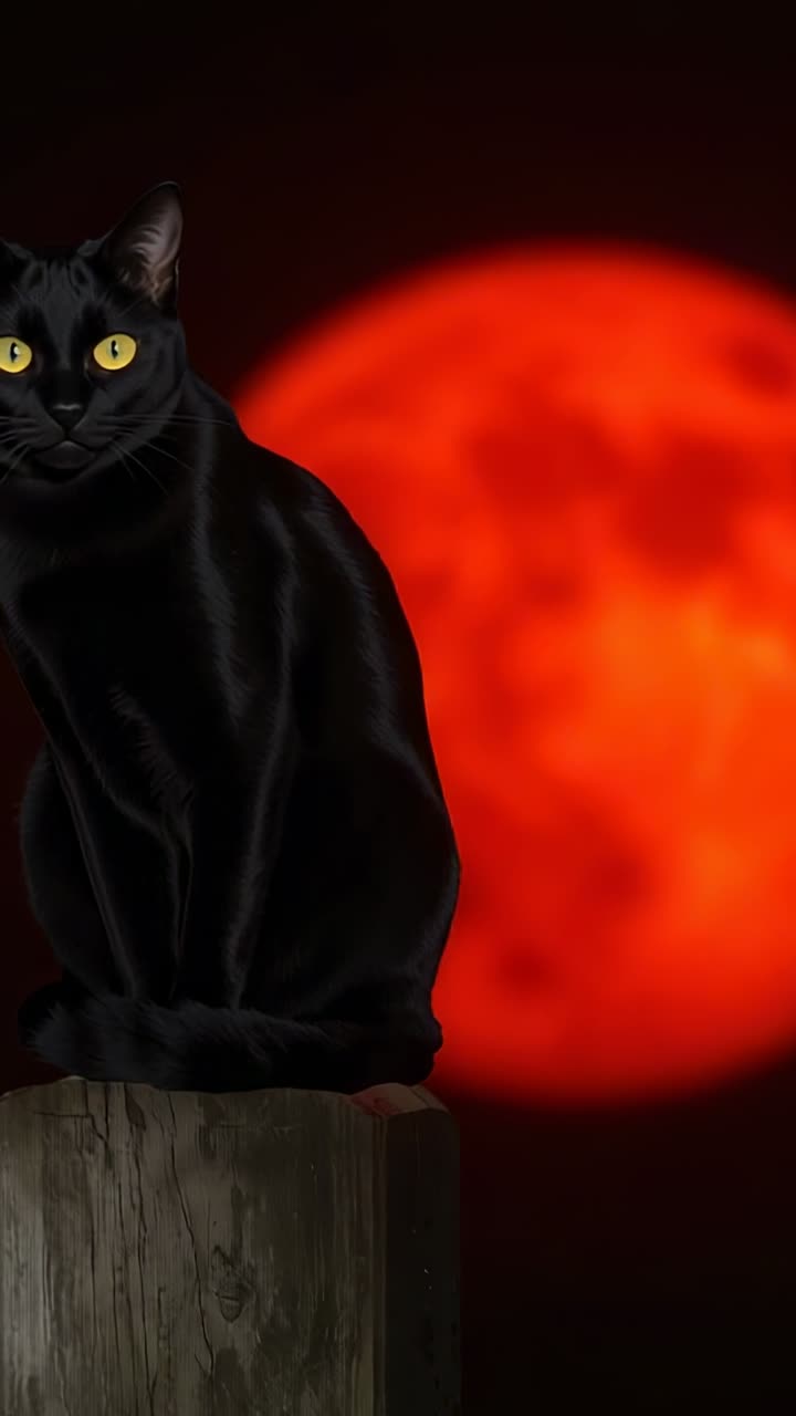 Vídeo vertical: gato preto deslizando e olhando para a lente em um poste desgastado, sequência começando, lua vermelha, espaço para texto