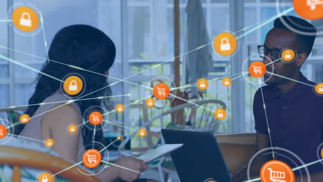 animation of network of connections with icons over diverse business people
