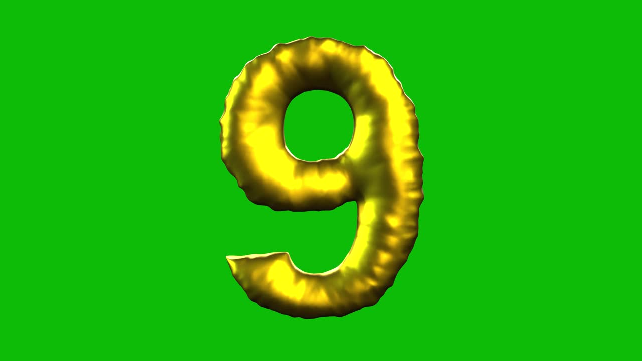 Gold Foil balloon number 9 inflates, spins, and reveals on green screen in 3D animation. Ideal for celebrations, parties, birthdays, and video editing projects