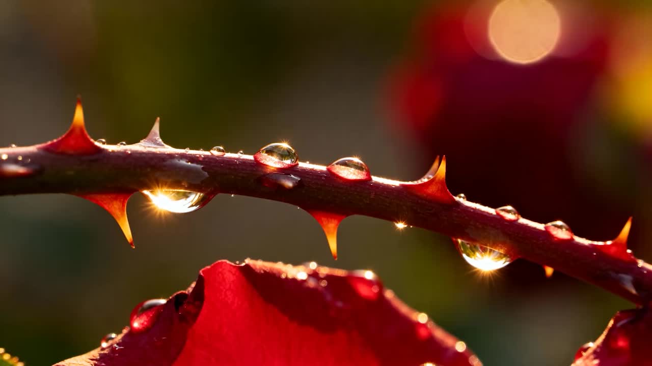 Shifting droplets deforming under gravity on thorned rose stem in golden garden, red petal, bokeh