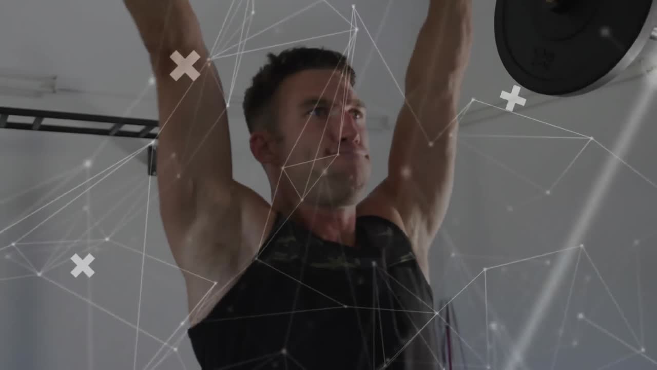 코카서스 강인한 남자가 무게 바를 들어 올리는 연결 네트워크의 애니메이션