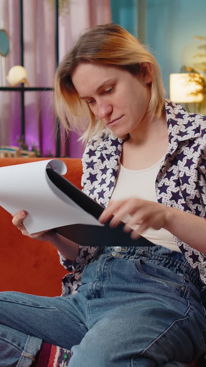 Woman freelancer work with documents from home analyzing information read business financial report