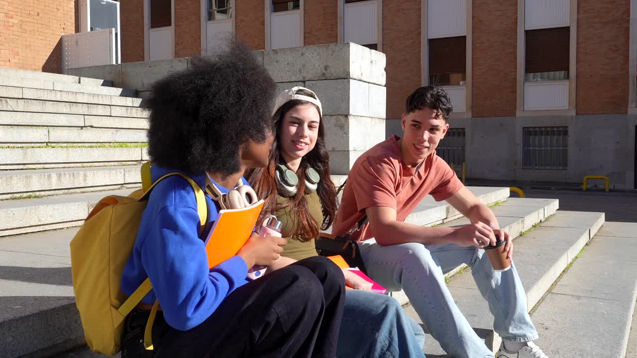 Diverse groep jonge studenten praat en socialiseert op de campustrappen