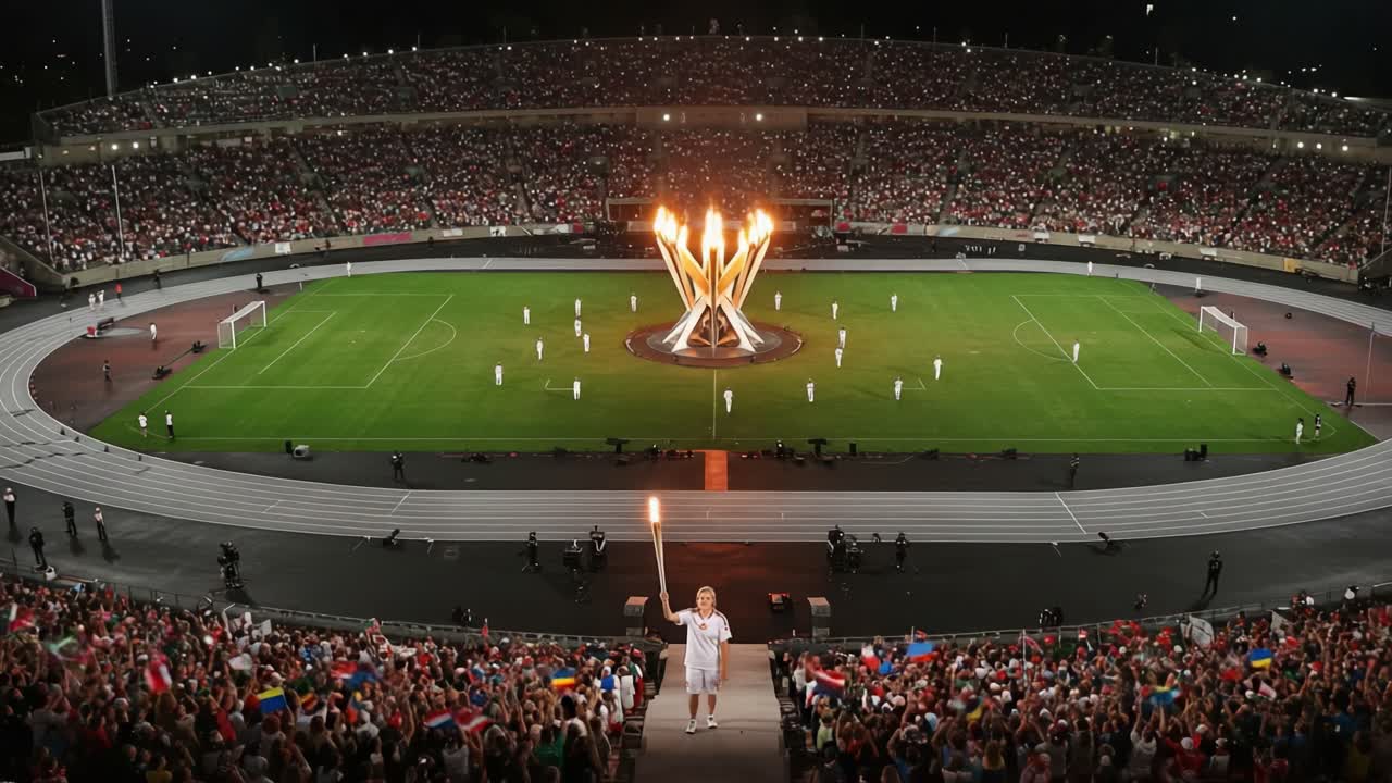 A Spectacular Opening Ceremony with a Torchbearer Lighting the Flame Amidst a Thrilling Crowd and Illuminated Stadium, Celebrating Unity and Competition