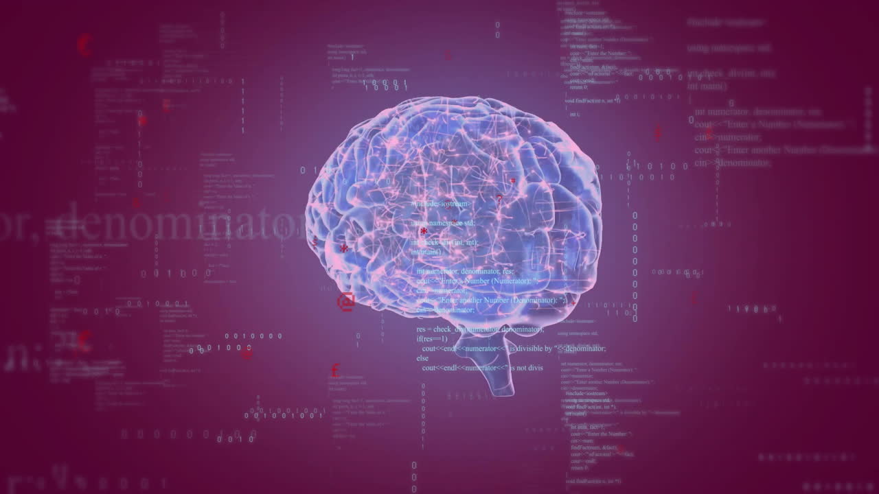 데이터 프로세싱, 빨간색 배경에 디지털 뇌 애니메이션