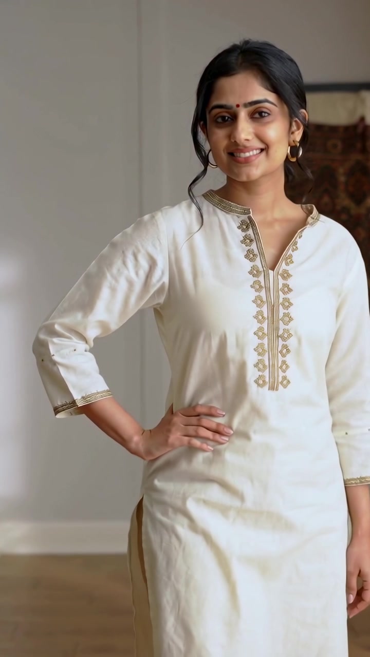 Video verticale: Donna in posa con una kurta color crema, sorridente in una stanza neutra mentre la telecamera si avvicina, con un bindi.