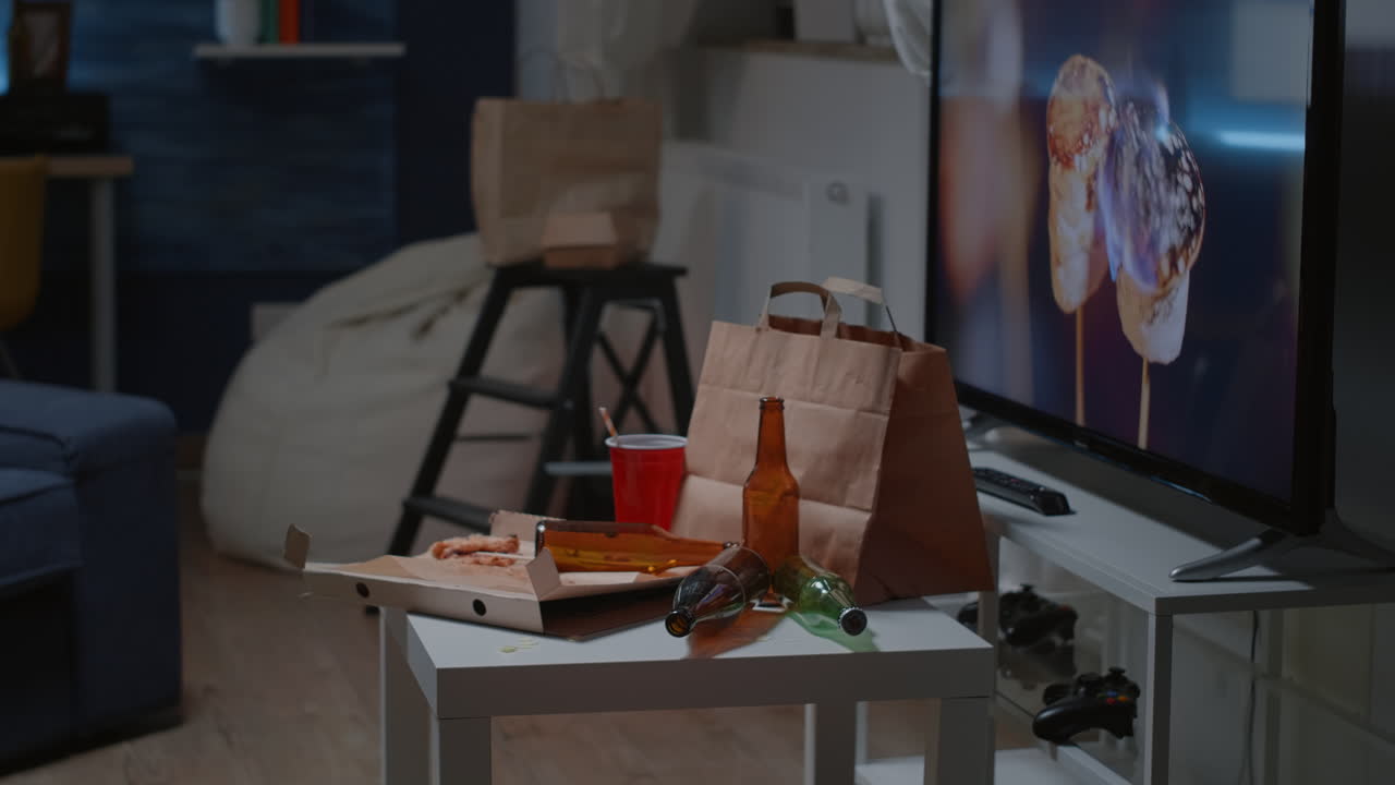 Close up of table with food and booze leftover on misery table