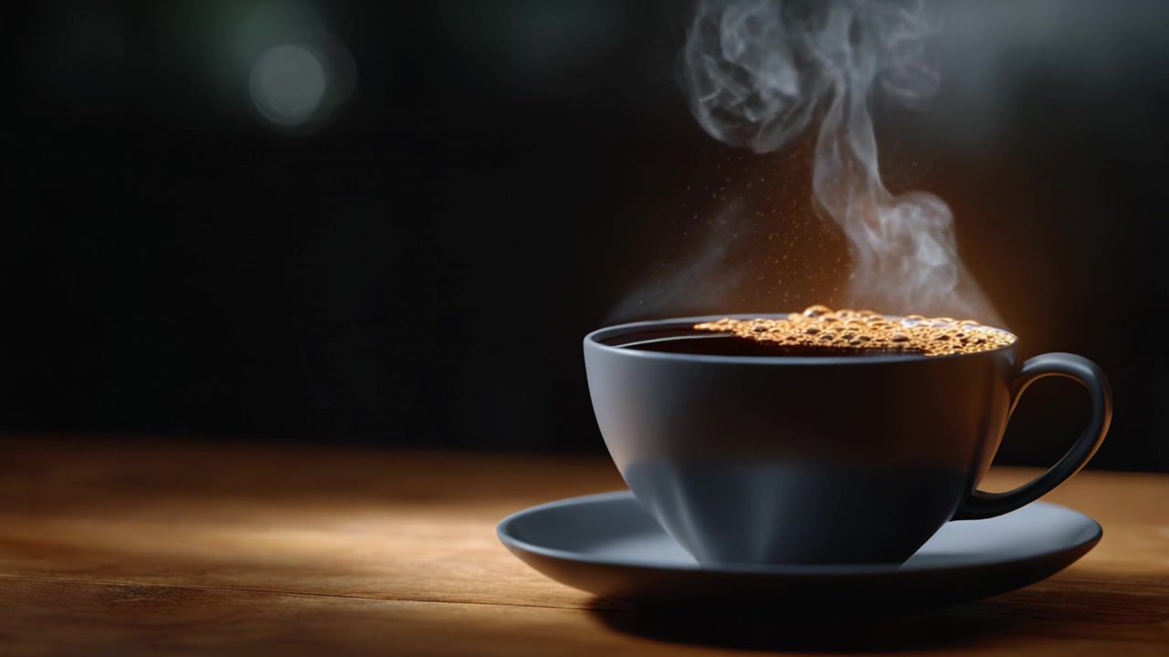 Un Primo Piano Mozzafiato di una Tazza di Caffè Fumante, che Cattura il Ricco Aroma e la Consistenza della Bevanda con Fumo Splendidamente Migliorato e Scintillanti Particelle d'Oro