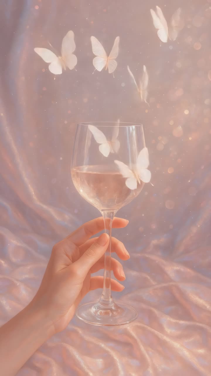 Un concept video sognante ed etereo con un primo piano di una mano che tiene un calice di vino.