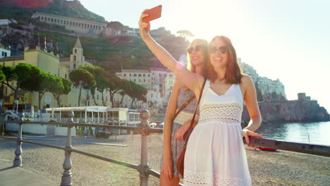 Selfie,-women-and-influencer-friends-on-outdoor