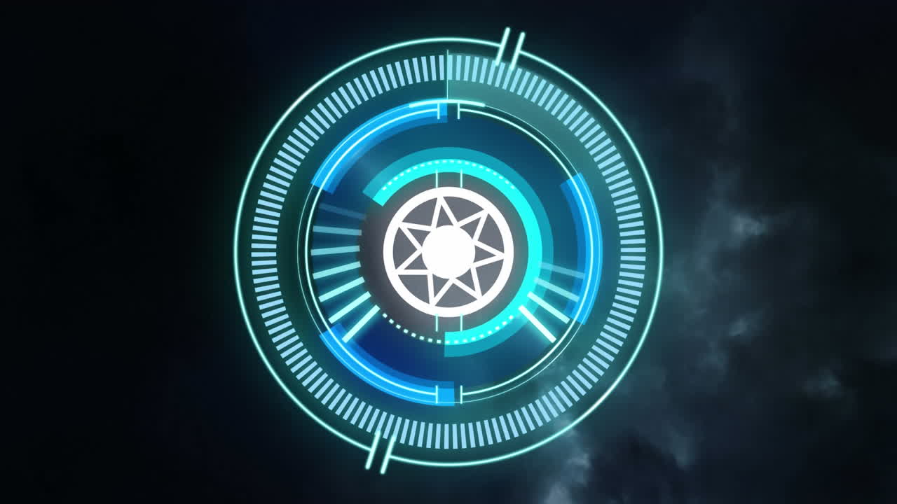 Animation of scope scanning with sun symbol over clouds ans storm on black background