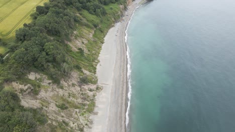 Beautiful-Paradise-With-Turquoise-Blue-Sea-And-Lush-Trees-In-Greystones-South-Beach,-Ireland---aerial