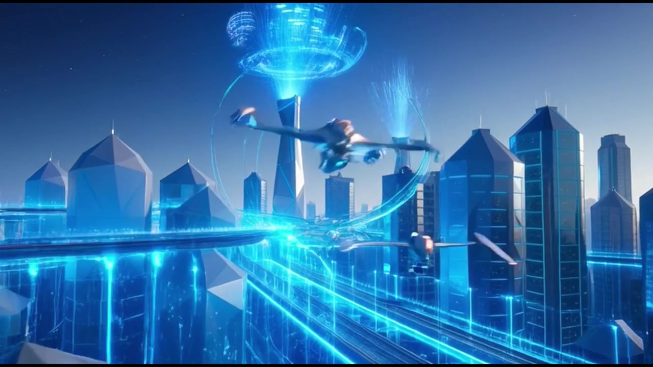 Futuristic Cityscape with Flying Vehicles and Glowing Infrastructure