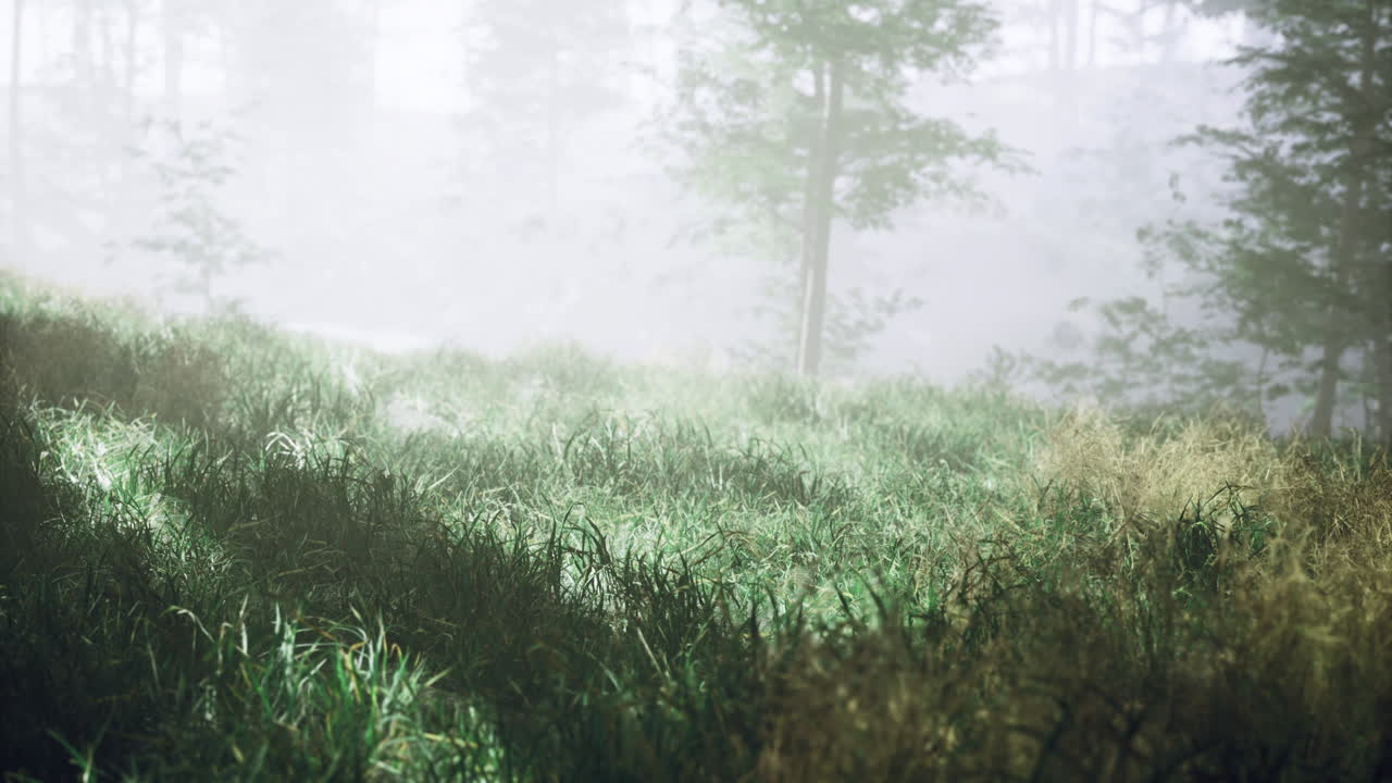 Misty morning in a serene forest setting with vibrant green grass