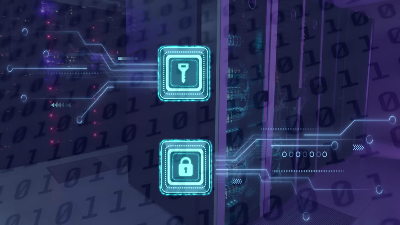 Animation of online security padlock and key, binary coding over computer motherboard