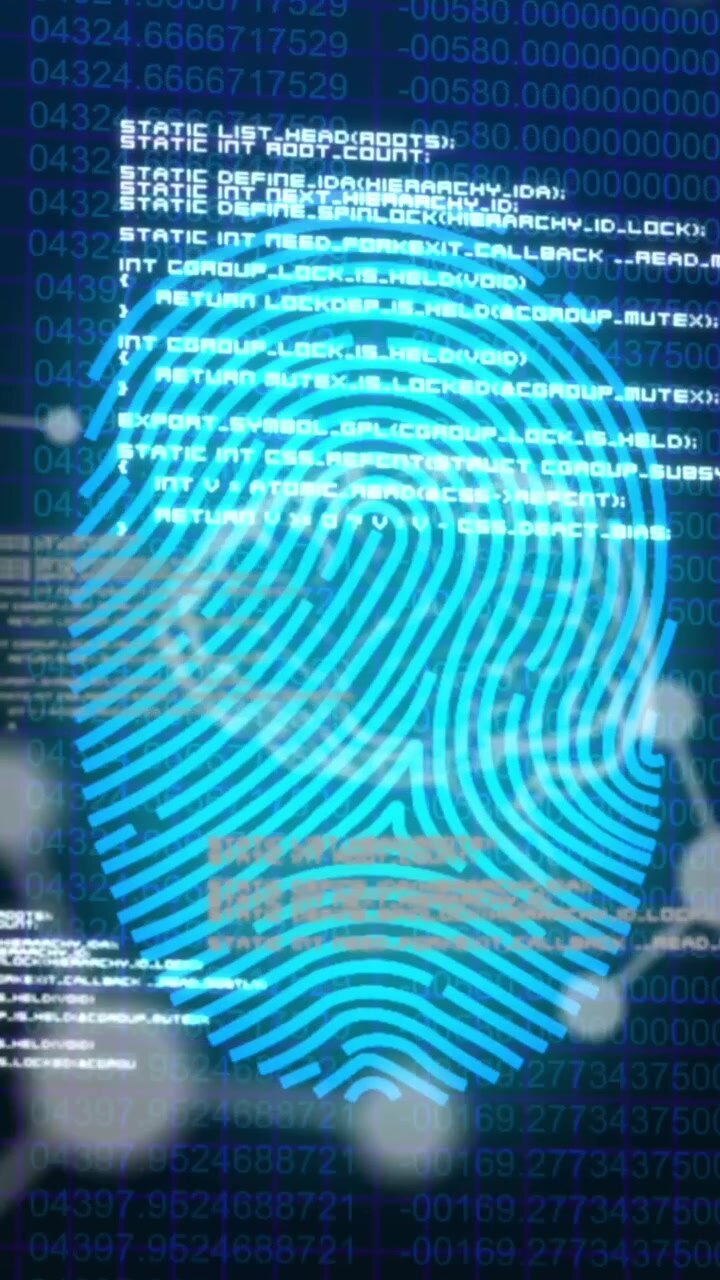 Animation of scientific data and fingerprint on navy background