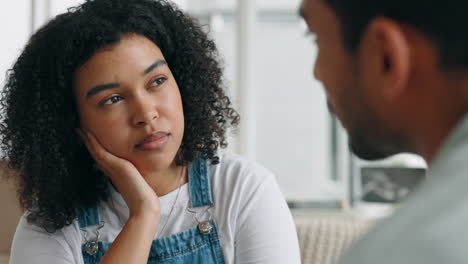 couple, support and talking at home while sad