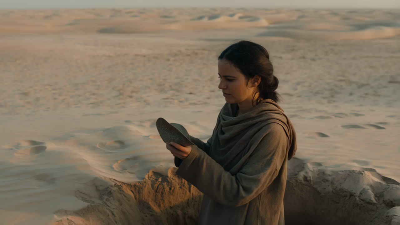 Woman Scavenging in a Vast Desert Landscape