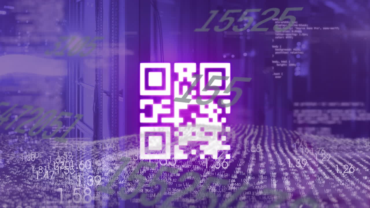 animación del procesamiento de datos con código qr sobre la sala del servidor