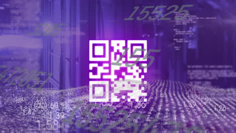 animation of data processing with qr code over server room