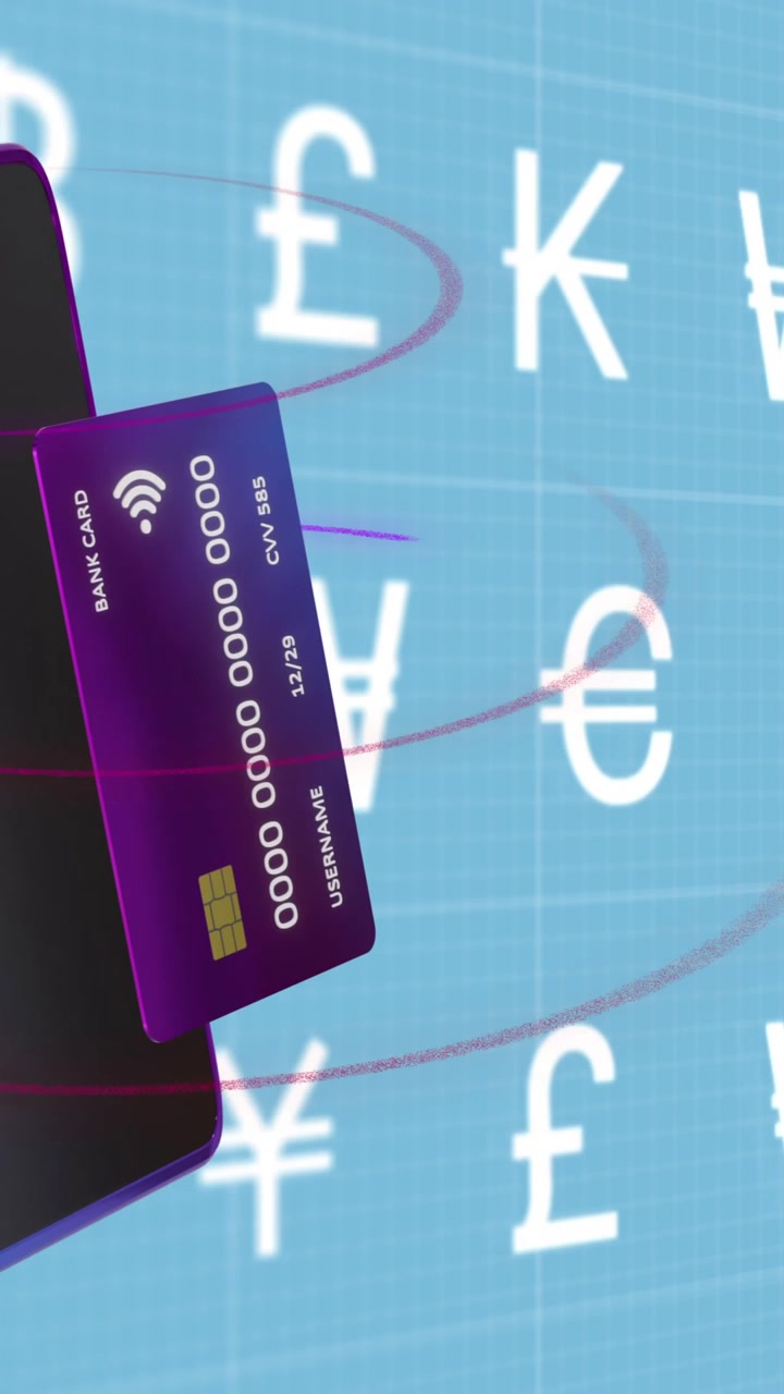 Animazione di icone di smartphone e valuta e carta di credito su sfondo blu