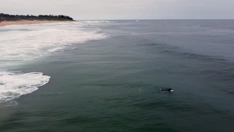 Drone-shot-of-surfer-paddling-in-Pacific-Ocean-swell-and-waves-Shelly-Beach-Central-Coast-NSW-Australia-4K