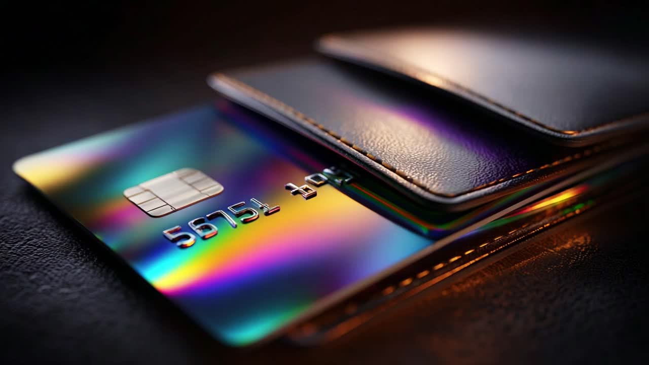 A close-up view of a stylish wallet featuring vibrant, holographic credit cards, showcasing sleek design and reflecting light with colorful patterns that catch the eye