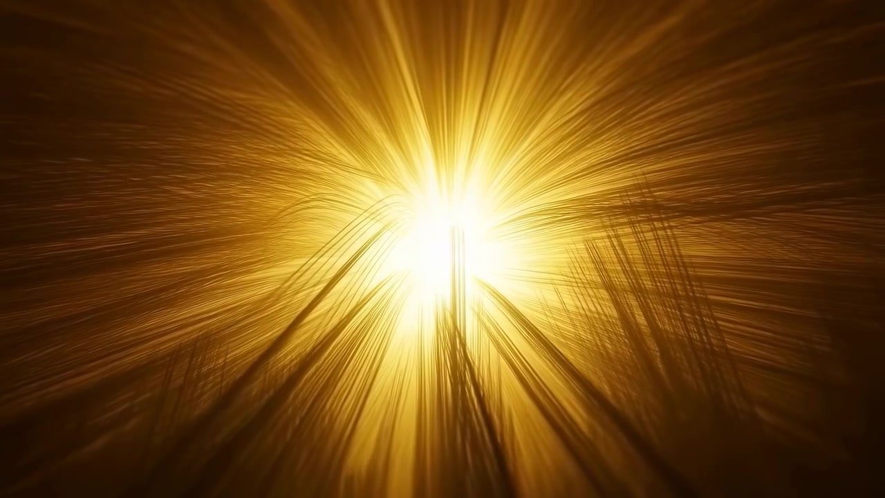 Raios de luz dourada abstratos intensificando-se em uma coluna luminosa central durante a revelação no meio da sequência