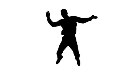 silhouette of a man jumping and raising legs on white background