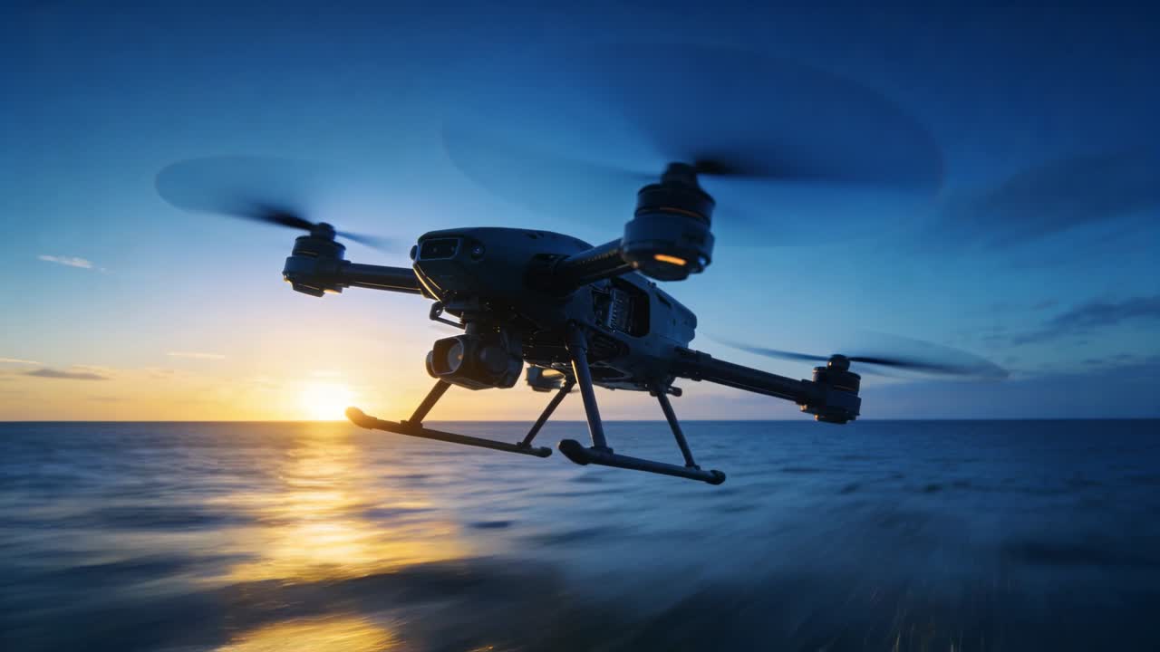 Rotorrotation igangsætter drone, der flyver lavt over solnedgangshav, propeller snurrer, kamera fanger refleksion