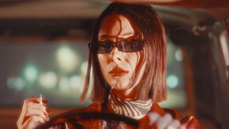 portrait of female driver in stylish sunglasses smoking inside car at night