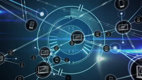 animation of network of digital icons over round scanner and light trails against blue background