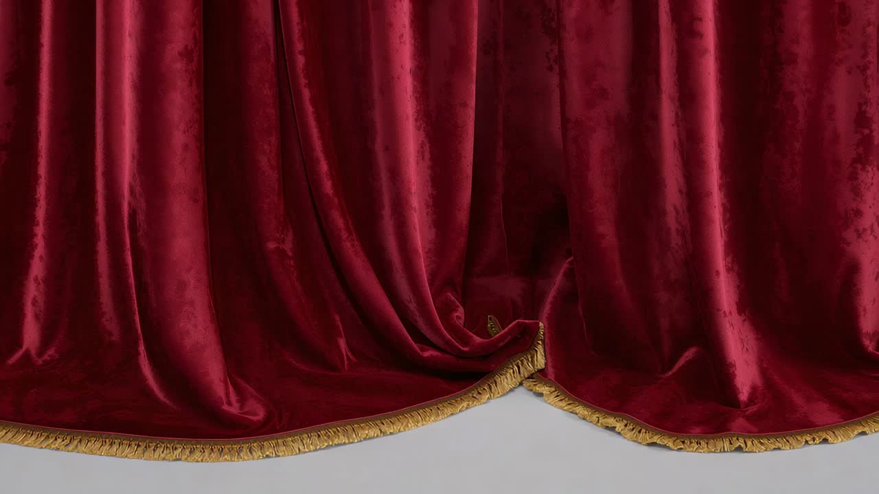 Shifting red velvet curtain with gold fringe smoothing scalloped hem on stage, settling after jolt