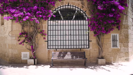 bench under a window with bars and climbing bougainvilleas,mdina,malta