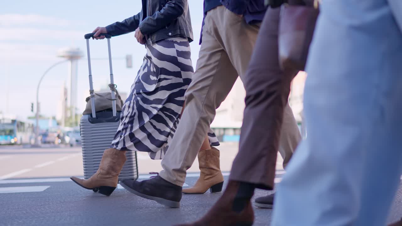 Low Angle View of People Walking with Luggage on a City Crosswalk