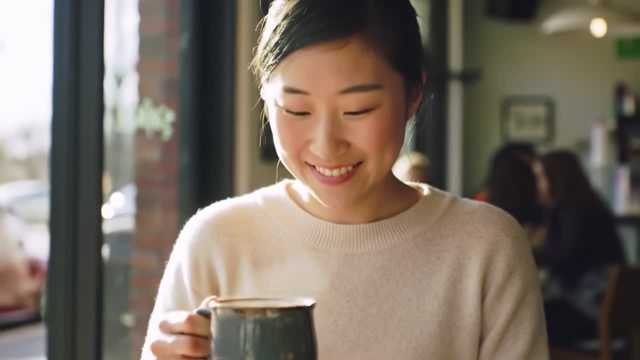 A Warm Moment: A Young Woman Enjoying a Cozy Drink at a Cafe with a Bright, Inviting Atmosphere on a Beautiful Day