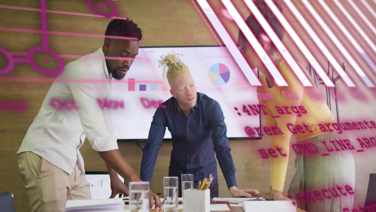 Animation of financial data processing over diverse creative business people in office
