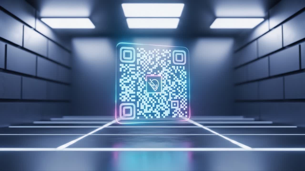 A Futuristic Visualization of a 3D QR Code Hologram in a High-Tech Environment, Illuminated by Neon Lights and Geometric Patterns in a Dark Space
