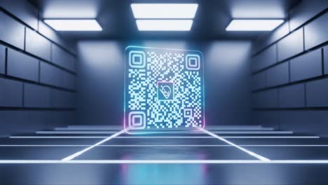 a futuristic visualization of a 3d qr code hologram in a high-tech environment, illuminated by neon lights and geometric patterns in a dark space