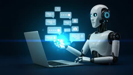 futuristic robot engaged in communication with digital interface, showcasing advanced interaction via screen displaying multiple chat windows