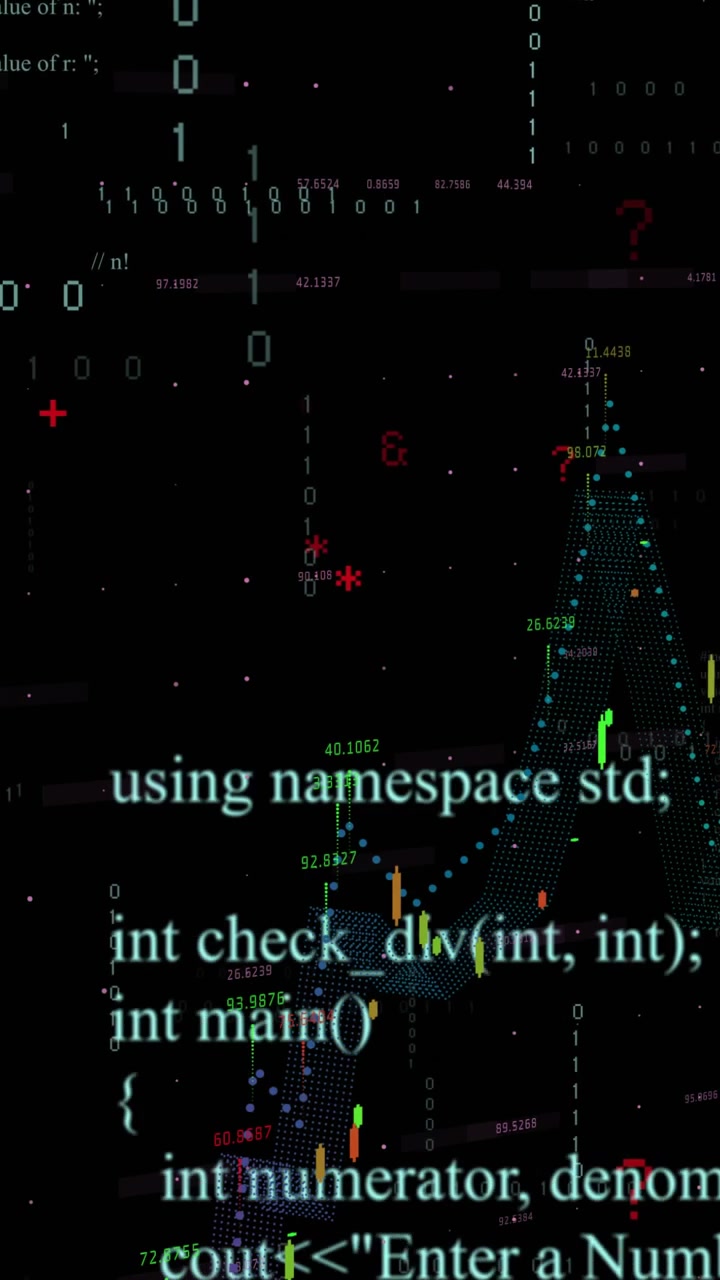 Vertical video: Dots showing, chart forming, bars plotting, magenta trend rising, code analyzing