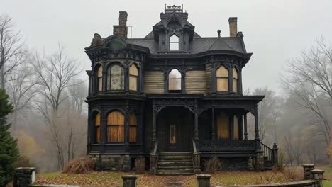 a large black house with a clock tower on top of it