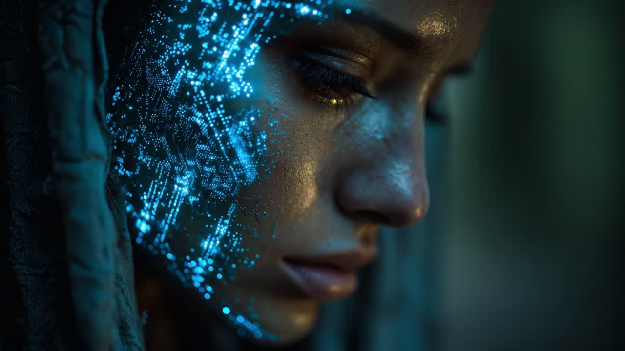 In una foresta mistica, una giovane donna con motivi digitali blu luminosi sul viso riflette le emozioni interiori, unendo natura e tecnologia in un meraviglioso viaggio visivo