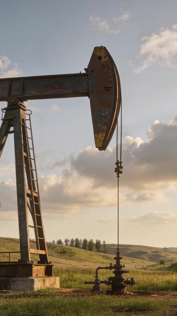 Vertical video: Motor starting pump jack rocking beam, lifting rod to pump oil at hills with ladder