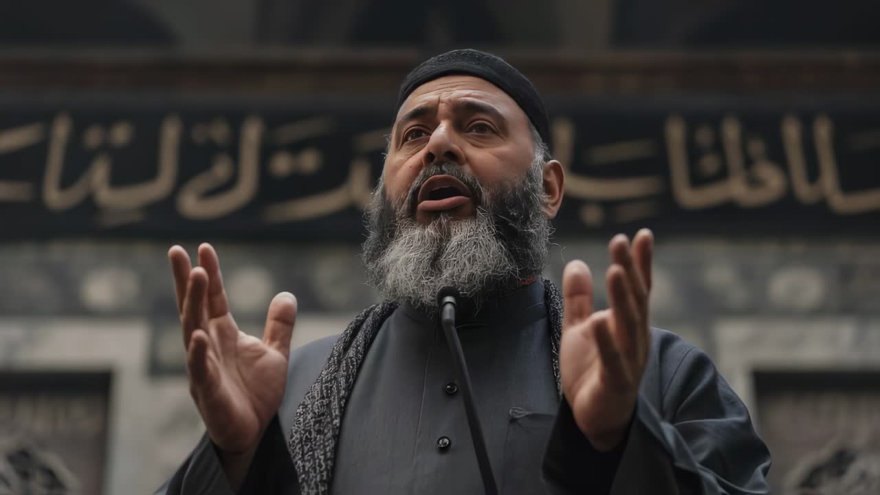 Devoted imam wearing traditional attire, leading congregational prayer with spiritual intensity inside historic mosque, connecting deeply with worshippers
