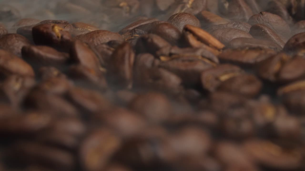 Close Up Of Coffee Beans Fresh Roast With Smoke, Video In 4K, 50Fps