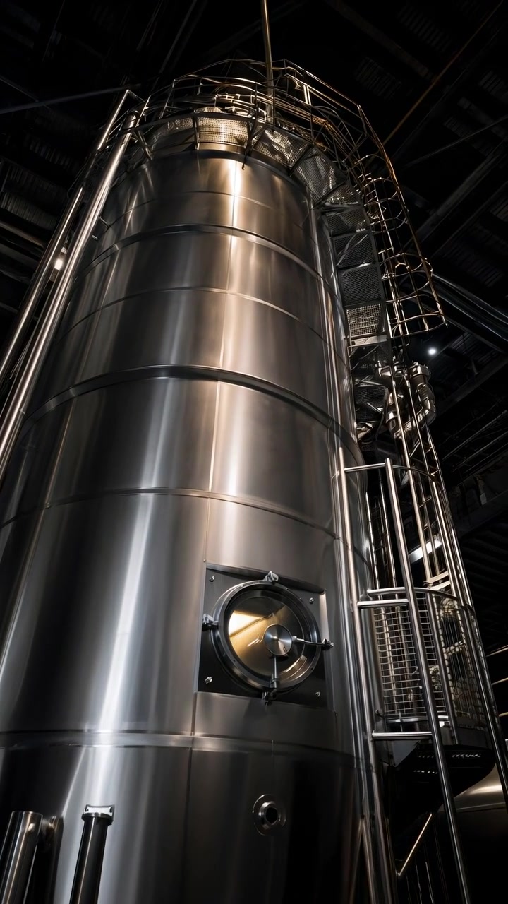 Low-angle view moves upward along a reflective cylindrical vessel, showing welded bands, access fittings, pipework, metal stairs, and overhead structural framing.