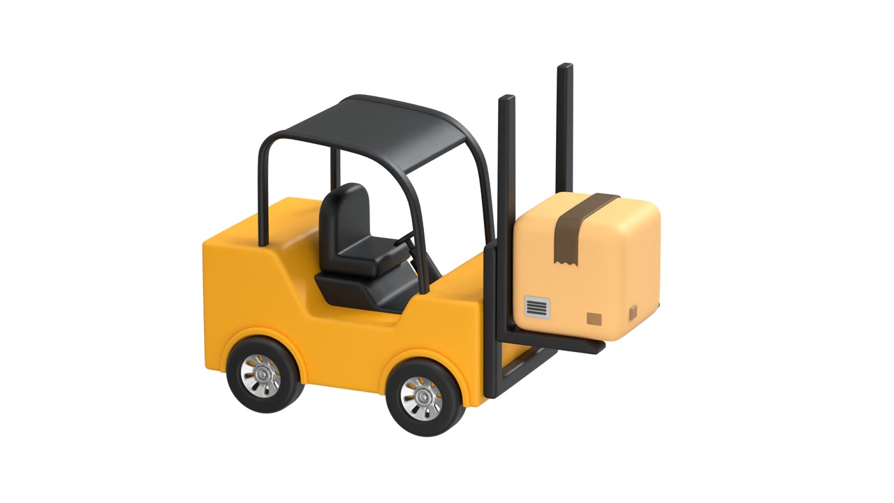 3D Animation of a Yellow Forklift Lifting a Cardboard Box