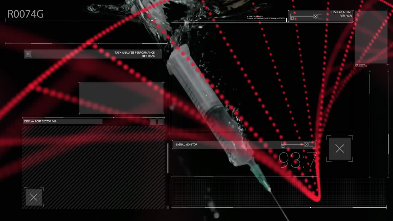 검은색 바탕에 dna 줄무와 주사기에 대한 데이터 처리의 애니메이션.