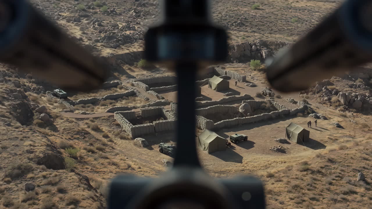 Military Camp in Desert Landscape, Aerial View